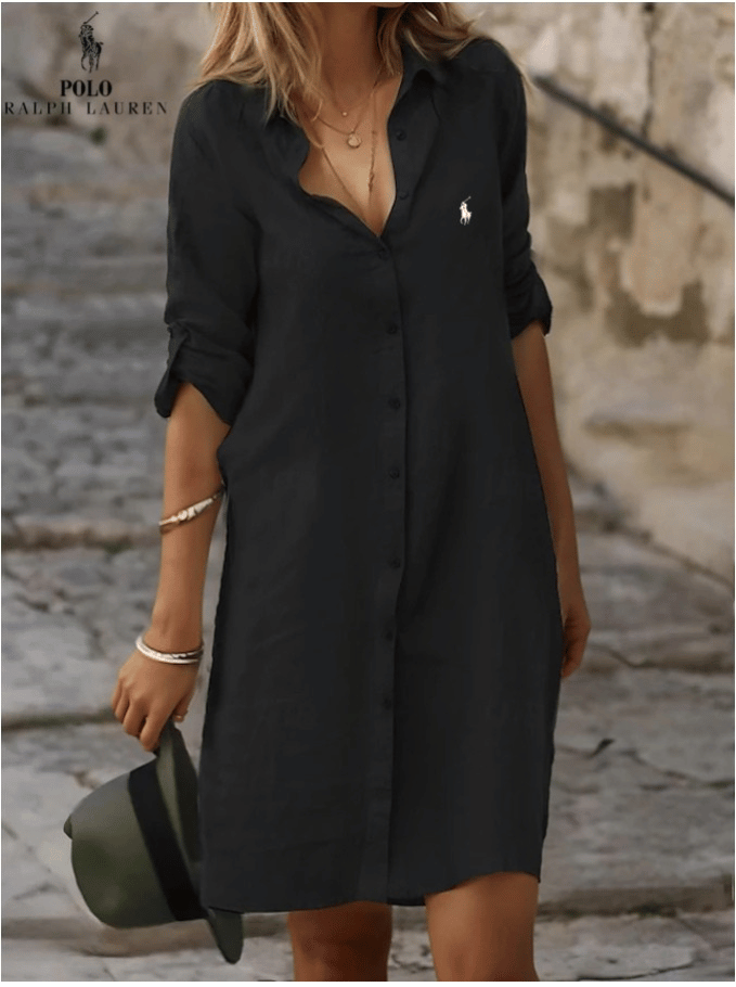 RALPH LAUREN - Jednoduché bavlněné a lněné košilové šaty s volným střihem